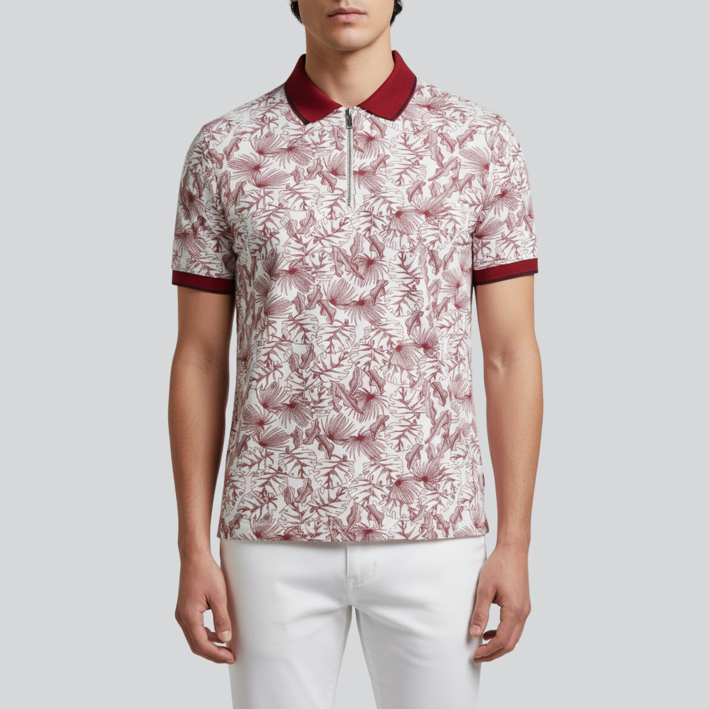 Maroon Leaf Print Polo Shirt – Premium Cotton Fit