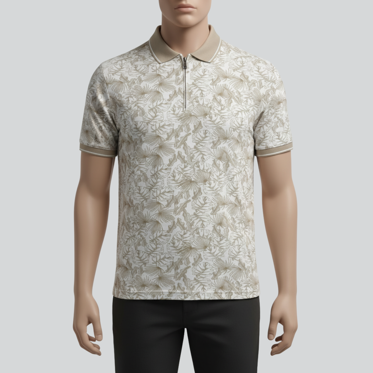 Beige Leaf Printed Polo Shirt