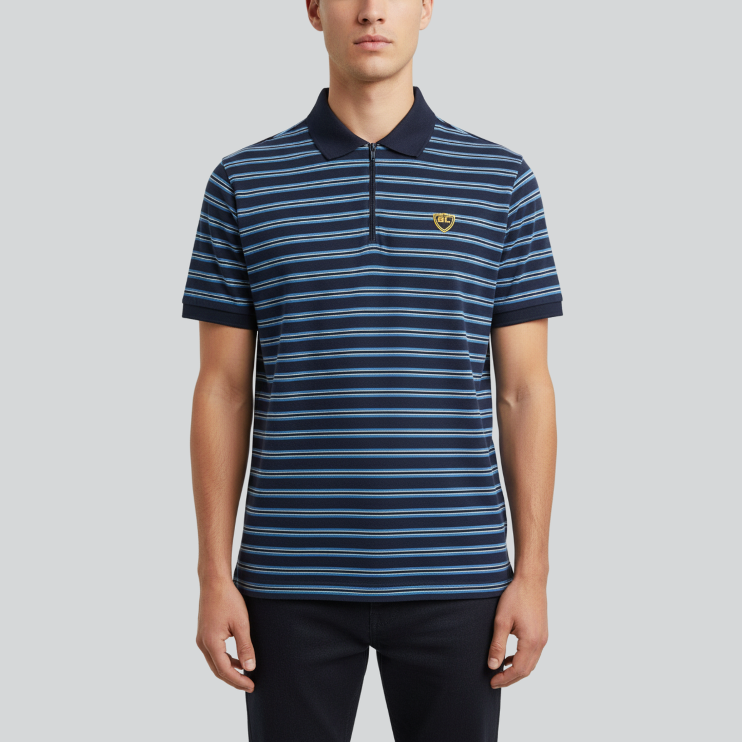Striped Zip Polo Shirt – Navy & White