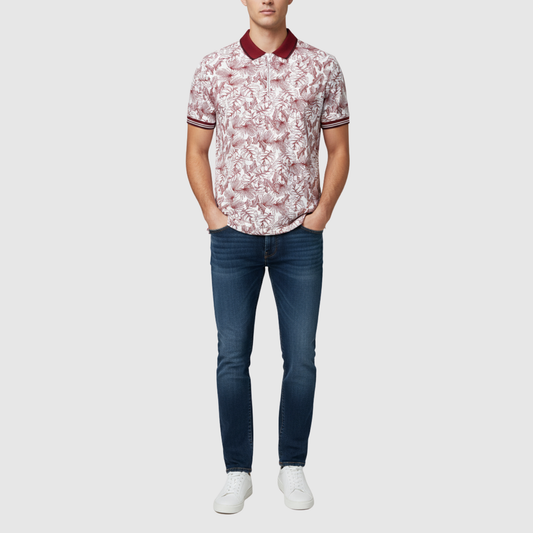 Maroon Leaf Print Polo Shirt – Premium Cotton Fit