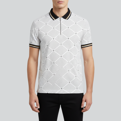 White Polo with Black Diamond Print