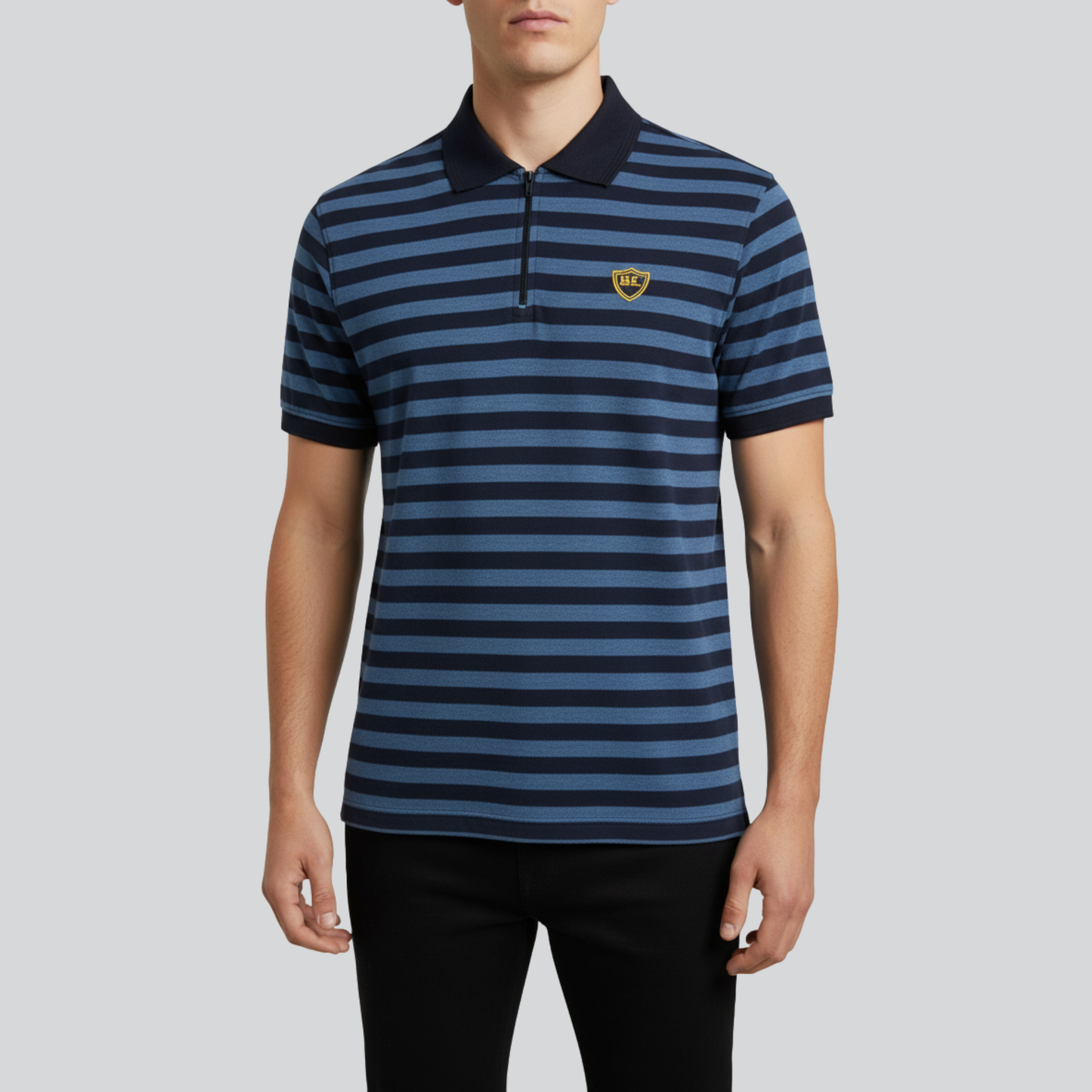 Striped Zip Polo – Navy & Black