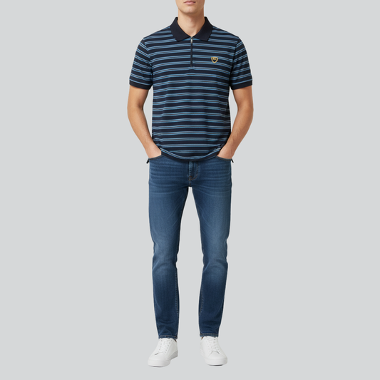 Striped Zip Polo Shirt – Navy & White