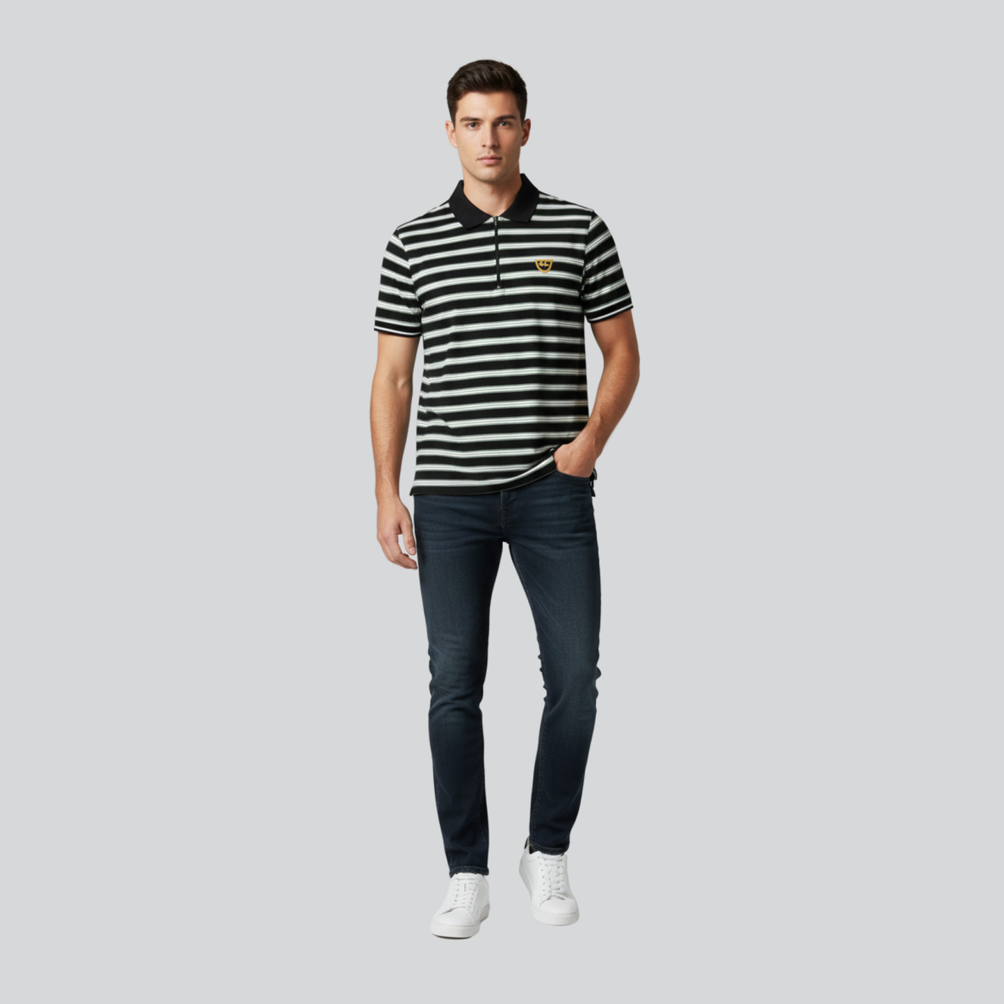 Striped Zip Polo Shirt – Grey & White