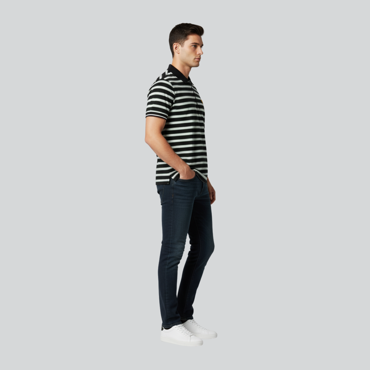 Striped Zip Polo Shirt – Grey & White