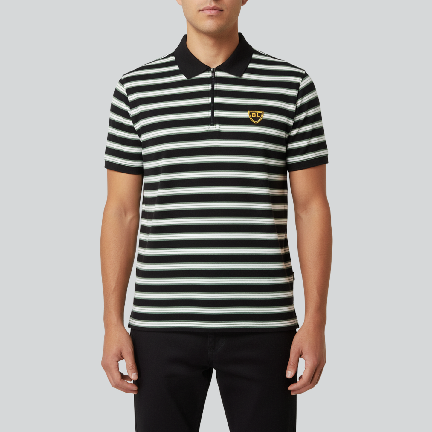 Striped Zip Polo Shirt – Grey & White