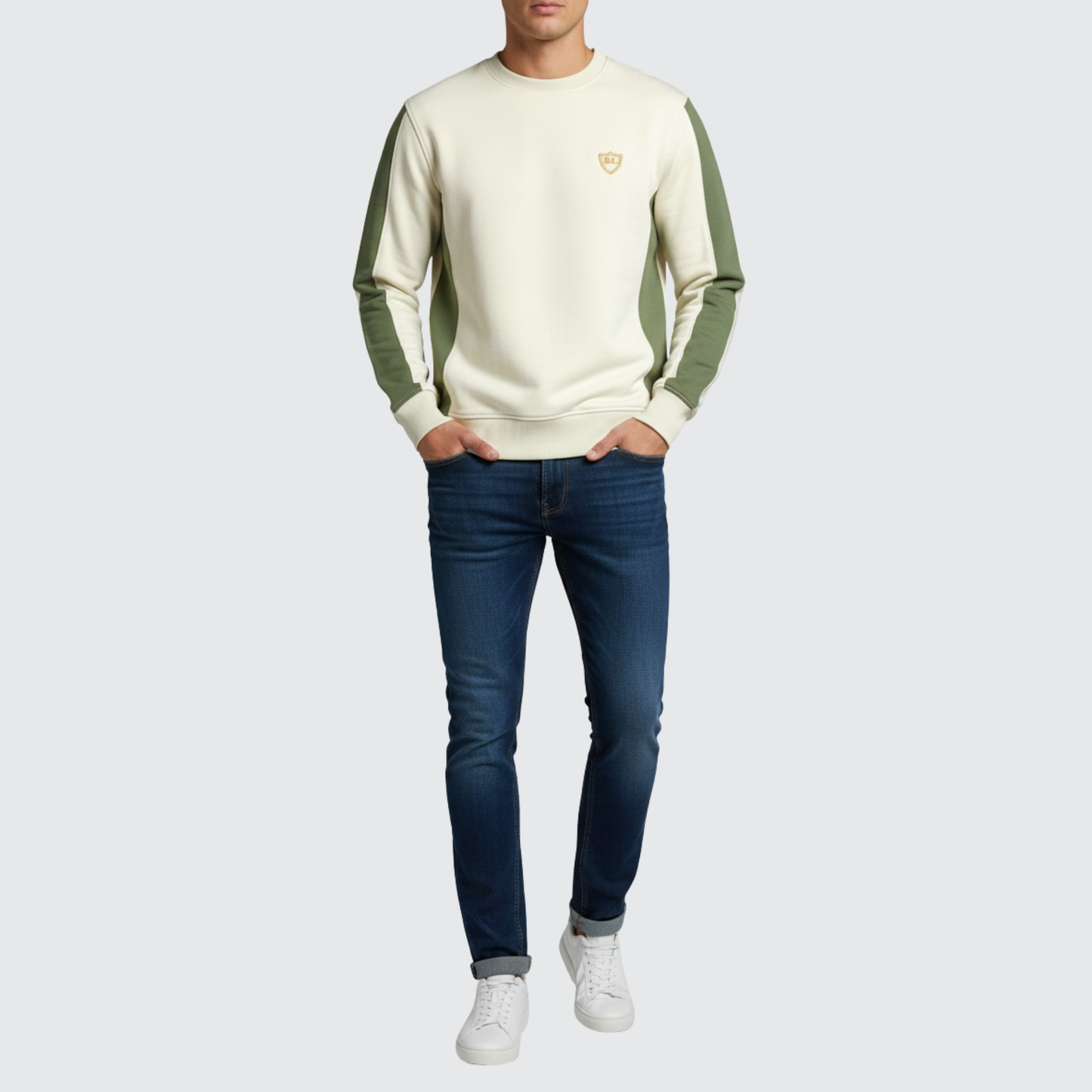 Two-Tone Crewneck Sweatshirt – Beige & Olive Green