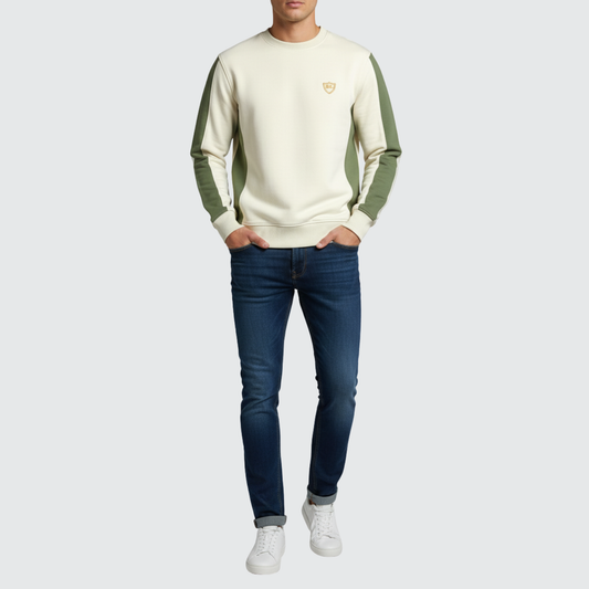 Two-Tone Crewneck Sweatshirt – Beige & Olive Green